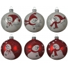 Zes kerstballen in wit en rood, met vrolijke sneeuwpoppen en feestelijke hoedjes.