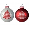 Two Christmas ornaments, one white and one red, both featuring a checkered tree design.