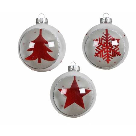 Three festive ornaments: white with red shapes of a tree, star, and snowflake, sparkly finish.