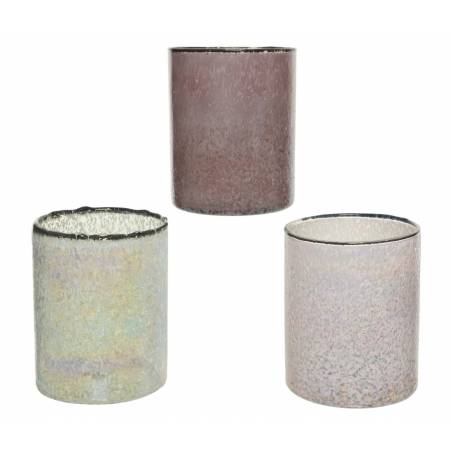 Three textured glass vases in soft hues of pink and iridescent white, with sleek edges.