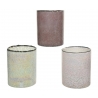 Three textured glass vases in soft hues of pink and iridescent white, with sleek edges.