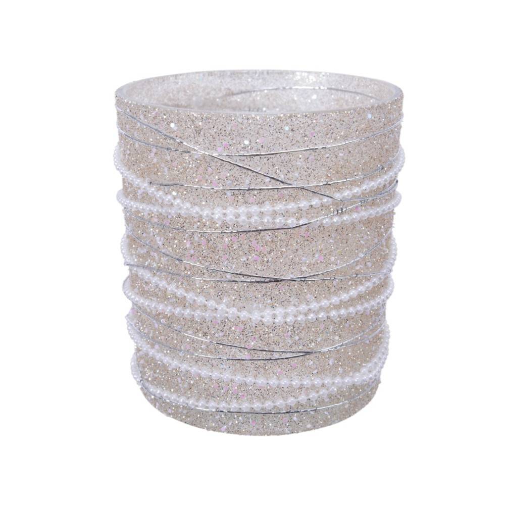A stack of shimmering, clear, glittery bands with a delicate, sparkling finish.