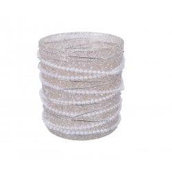 A stack of shimmering, clear elastic bracelets adorned with tiny, sparkling beads.