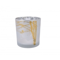 Frosted glazen kaarsenhouder met gouden boomstructuur, elegant en sfeervol.