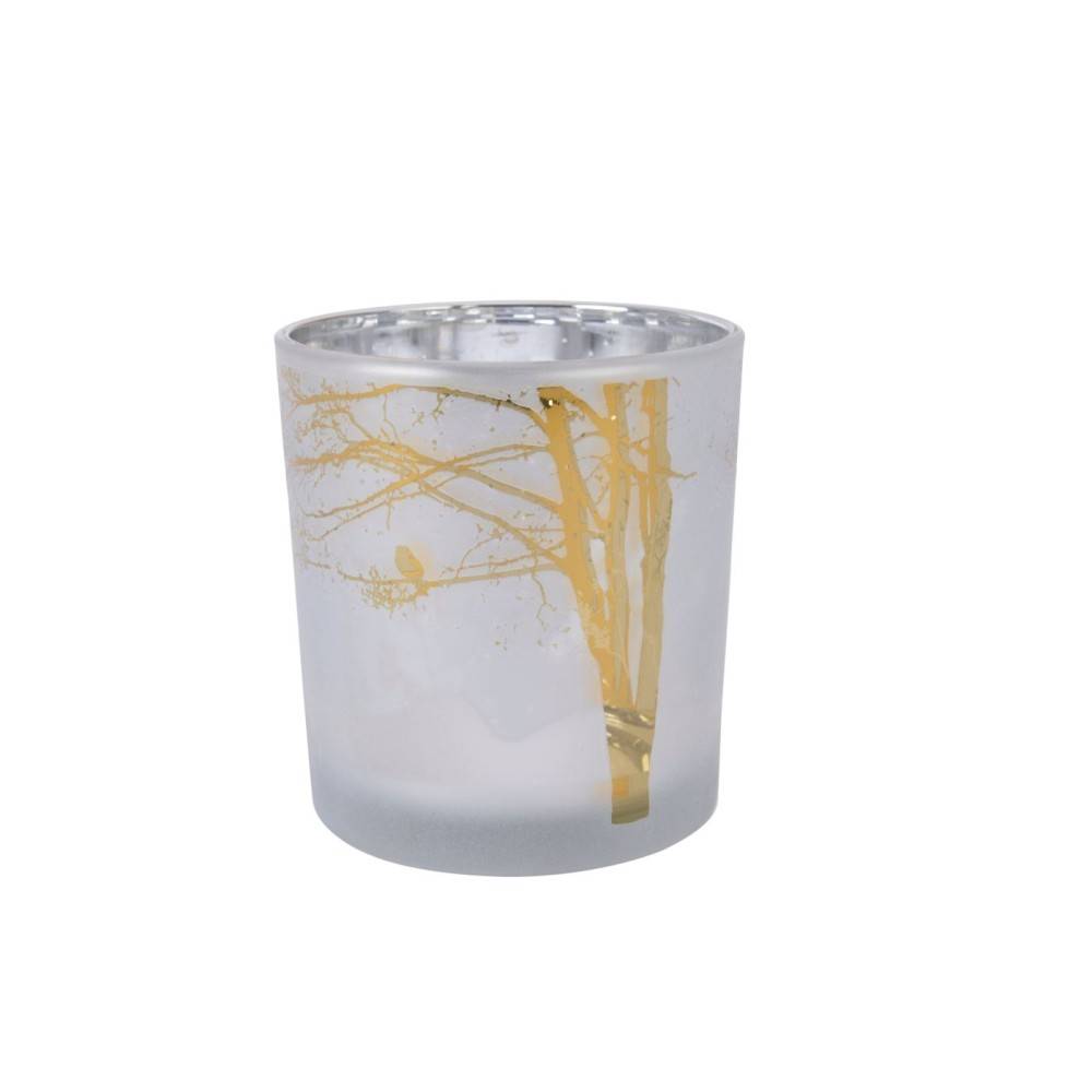 Frosted glass candle holder with delicate gold tree silhouette design.