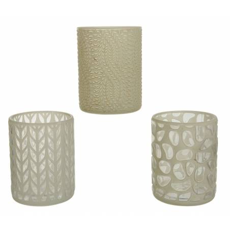 Three decorative glass candle holders with intricate cut-out patterns and a soft, neutral color. Three decorative glass candle holders with intricate cut-out patterns and a soft, neutral color.