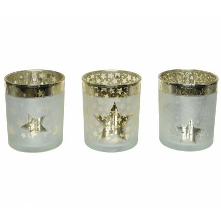 Three frosted glass candle holders with gold star cutouts and shiny gold rims.