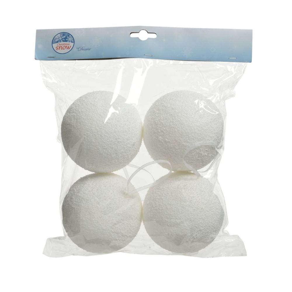 Vier witte styropor ballen in een transparante verpakking, met een lichte textuur.