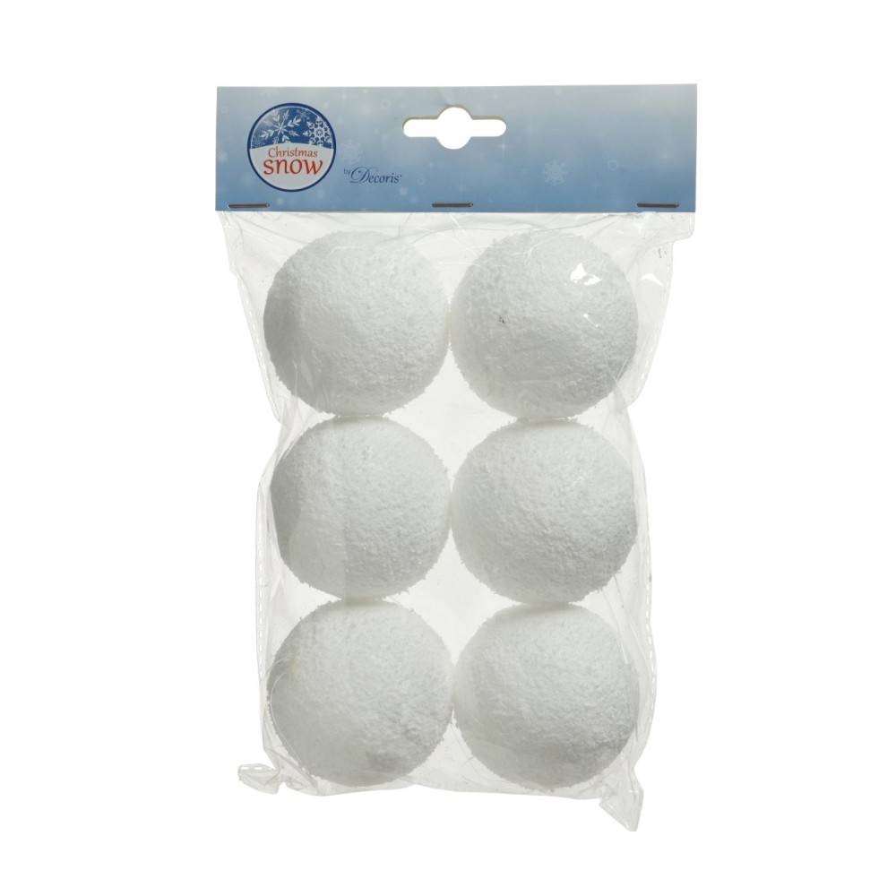 Zes witte, gestructureerde sneeuwballen verpakt in een doorzichtige zak.