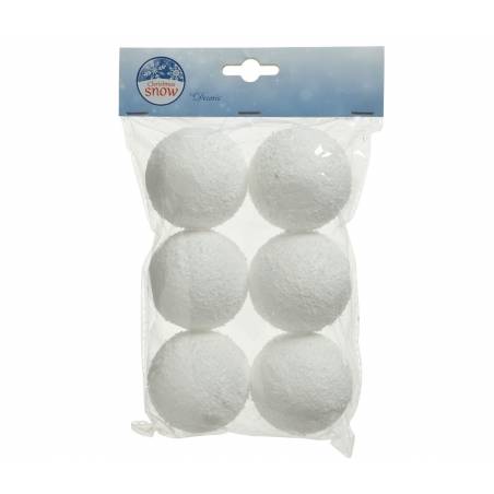 Zes witte, gestructureerde sneeuwballen verpakt in een doorzichtige zak.