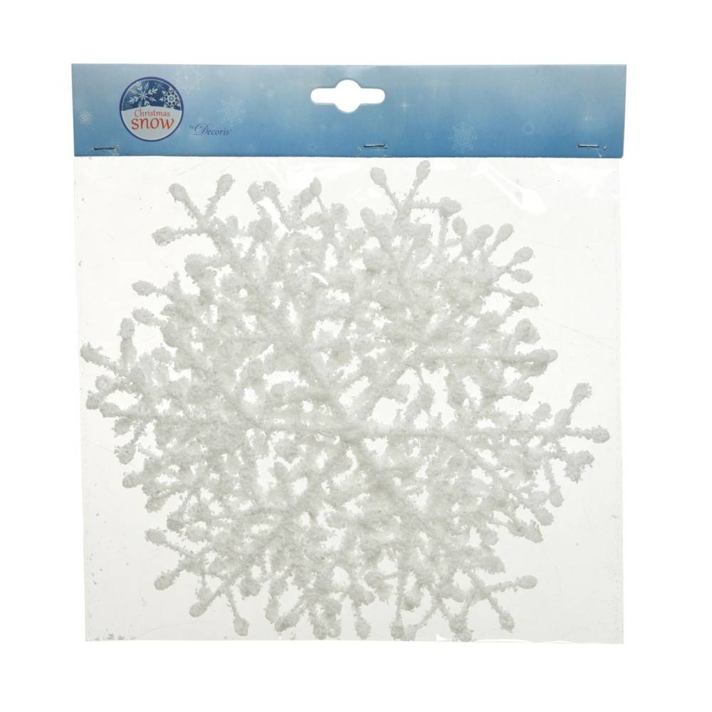 A shimmering white snowflake decoration with intricate, branching patterns.