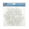 A shimmering white snowflake decoration with intricate, branching patterns.