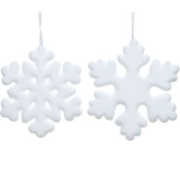 Twee witte sneeuwvlokken van zacht materiaal, met een speelse, symmetrische vorm.