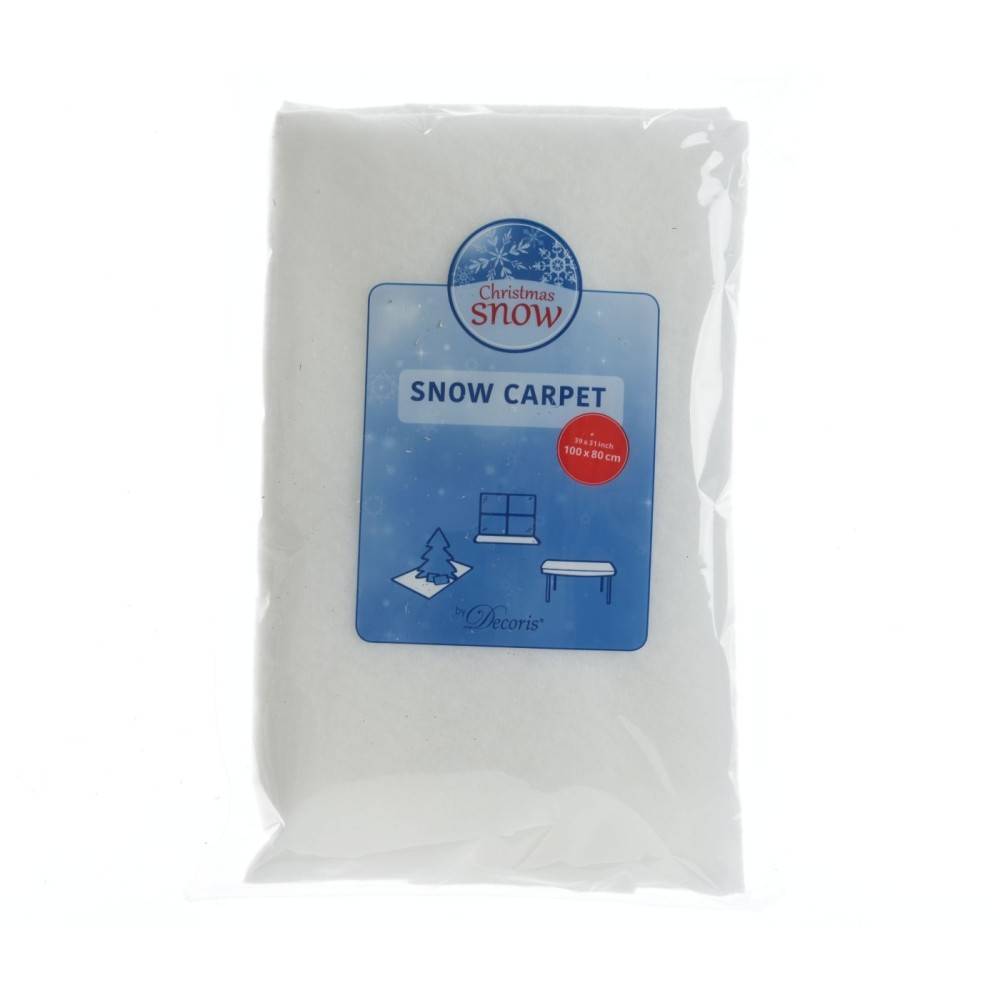 A white, fluffy material packaged as a festive snow carpet for holiday decorations.