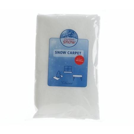 A white, fluffy material packaged as a festive snow carpet for holiday decorations.