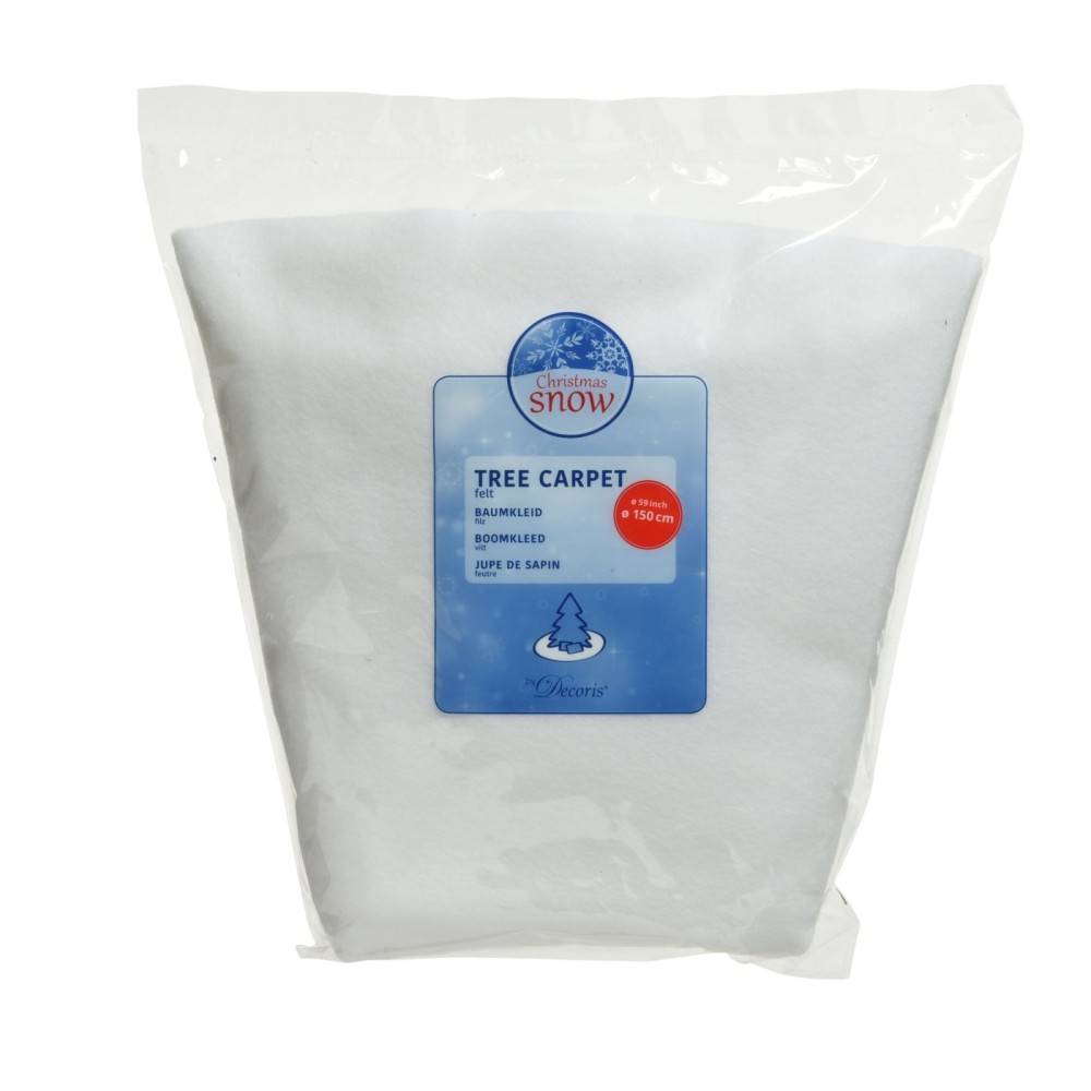 Witte kunstsneeuw in een doorzichtige zak, met blauwe en rode labels voor decoratie.