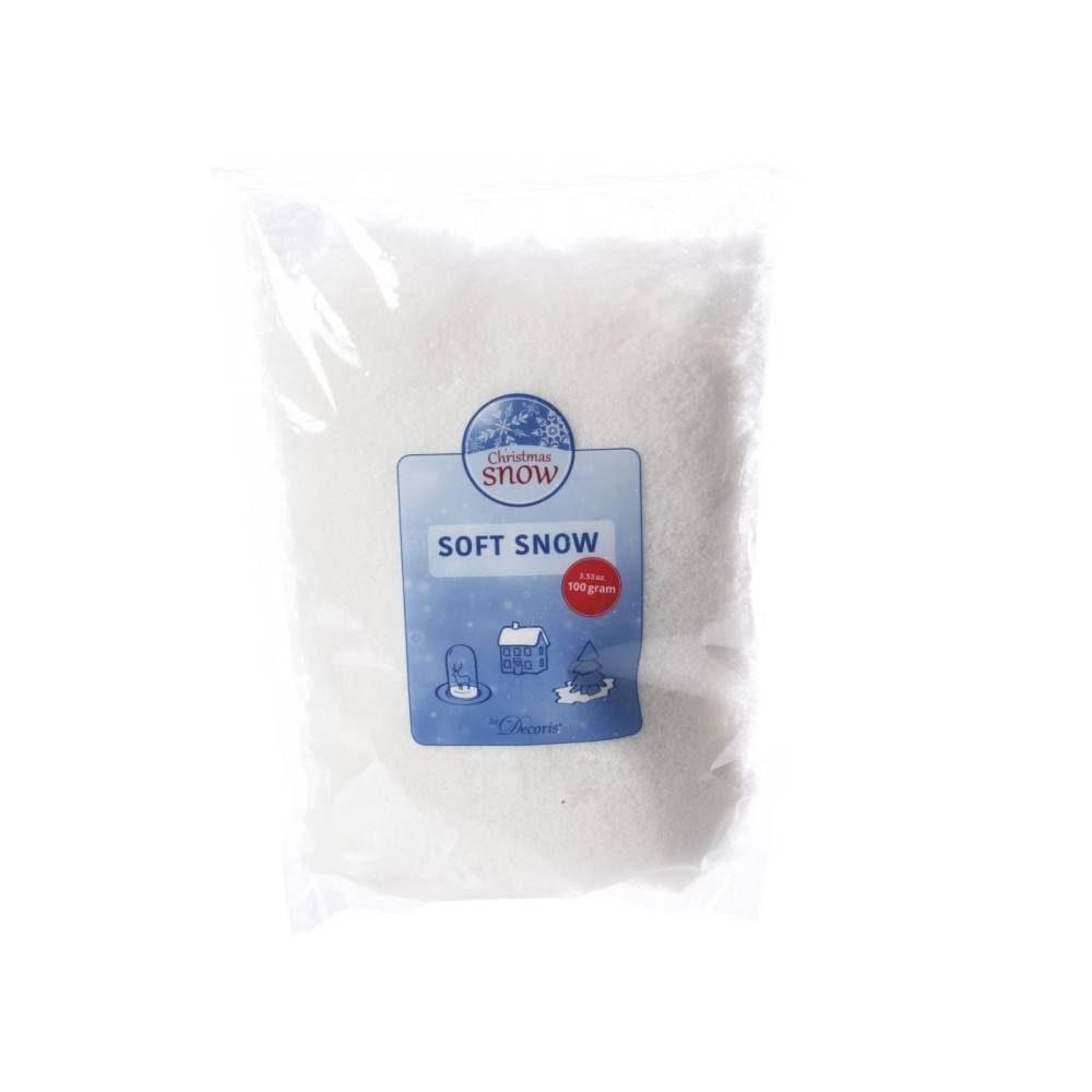A clear plastic bag filled with fluffy white material labeled "Soft Snow."