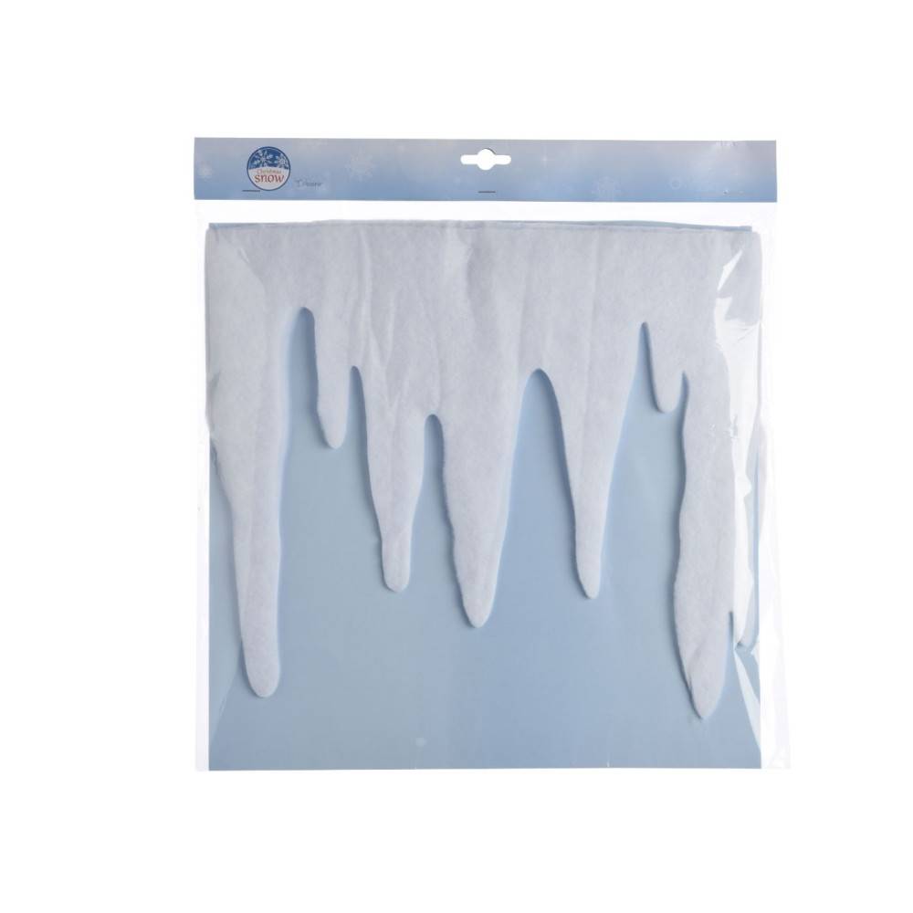 A blue background with white, icicle-shaped fabric pieces hanging down.