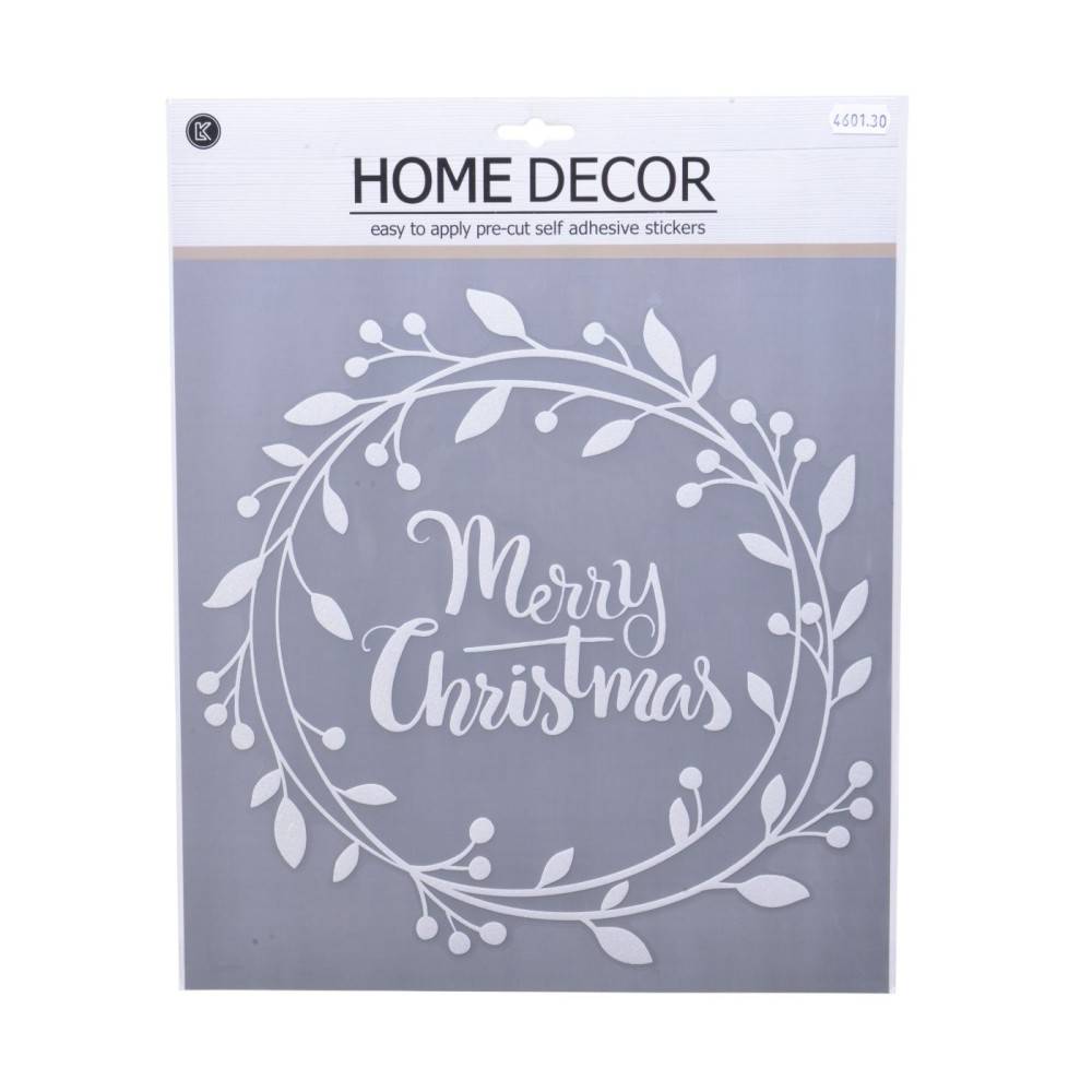 Witte kerststicker met een krans en de tekst "Merry Christmas" op een grijze achtergrond.