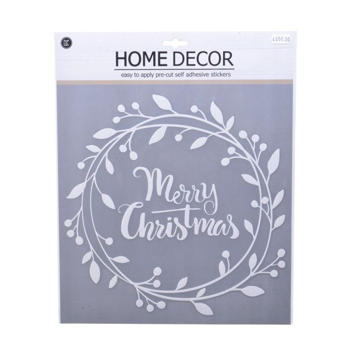 Witte kerststicker met een krans en de tekst "Merry Christmas" op een grijze achtergrond.