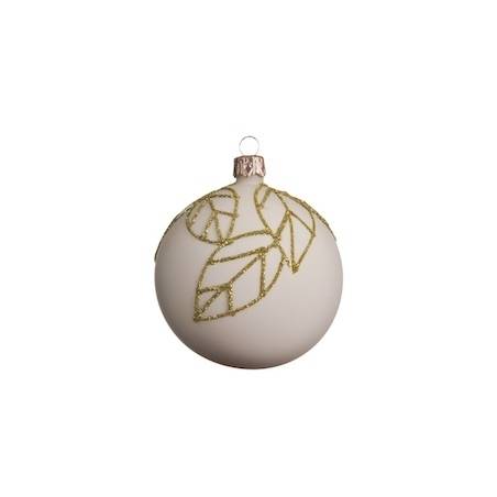 A matte white ornament adorned with delicate golden leaf designs.