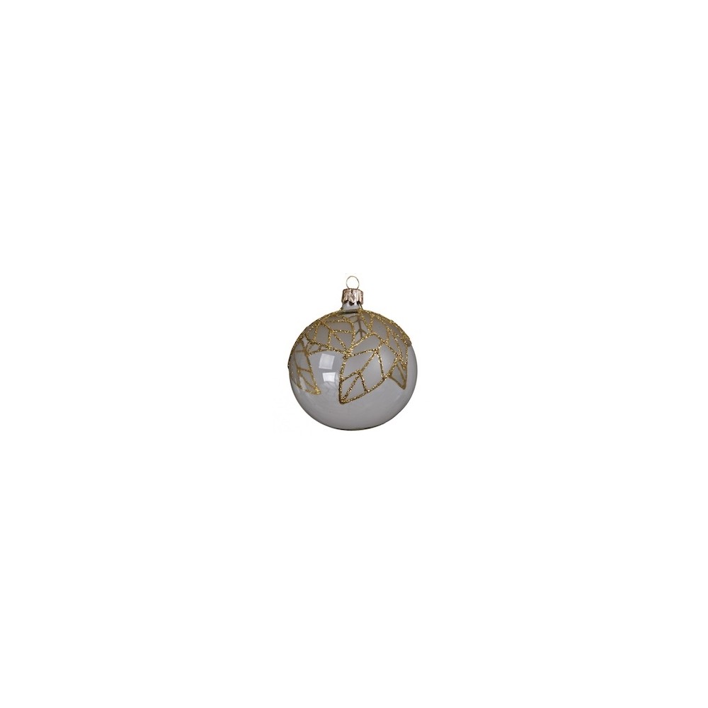 A round glass ornament in white with delicate gold leaf patterns.