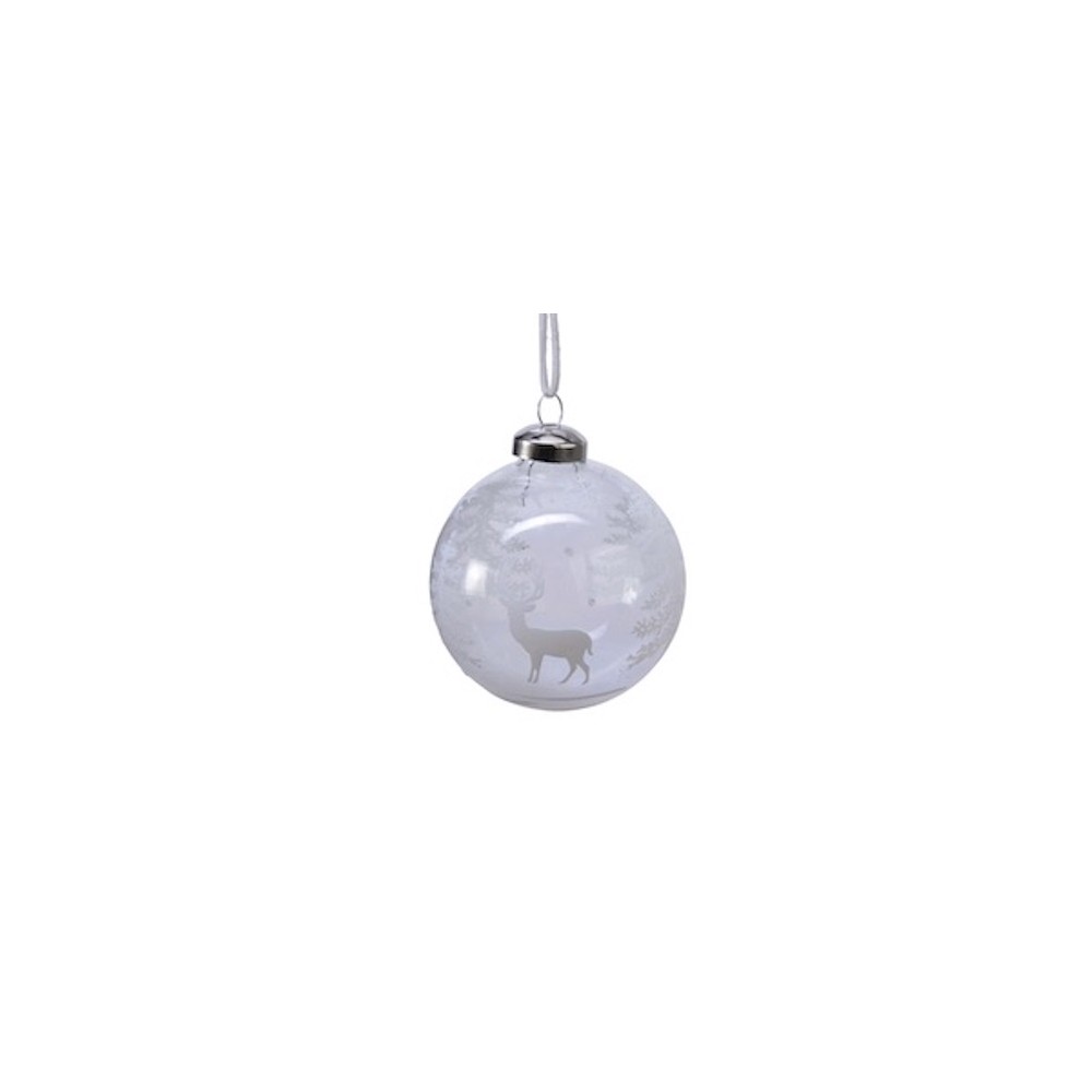 A clear, frosted glass ornament with a silver deer silhouette and snowy trees design.