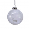 A clear, frosted glass ornament with a silver deer silhouette and snowy trees design.