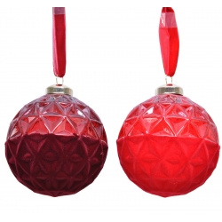 Two faceted red ornaments, one deep maroon and one bright red, each with a ribbon for hanging.