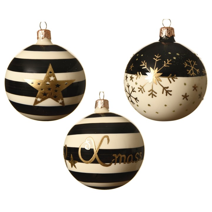 Three festive ornaments with black and white stripes, gold accents, and winter motifs.