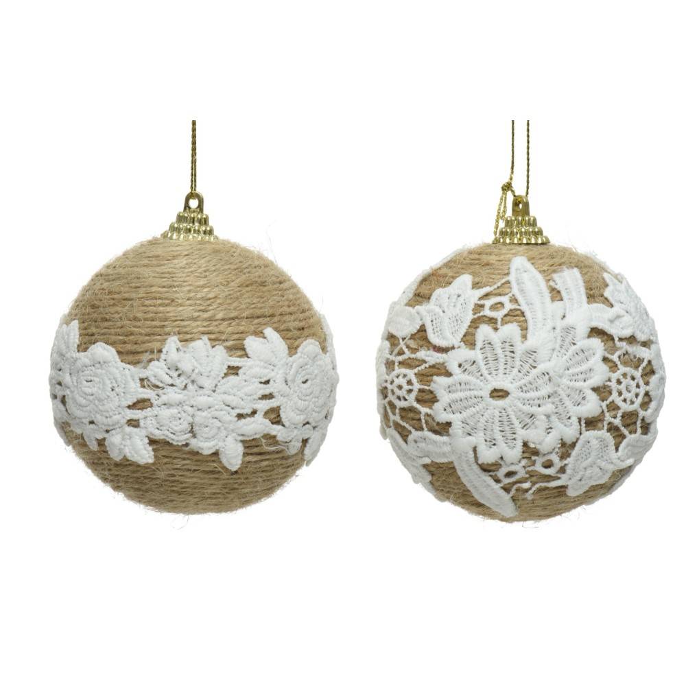Natural twine ornaments adorned with delicate white lace patterns.