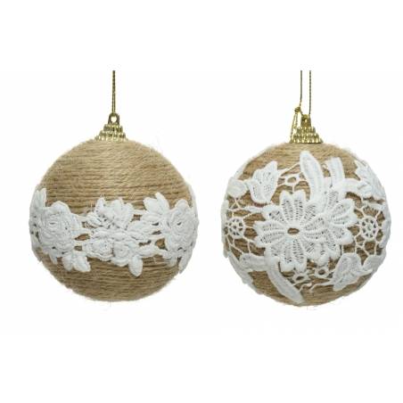 Natural twine ornaments adorned with delicate white lace patterns.