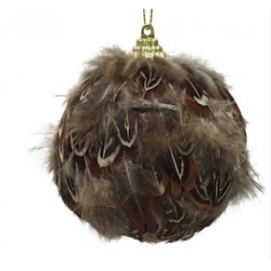 A round, fluffy ornament covered in brown feathers with a gold hanging loop.