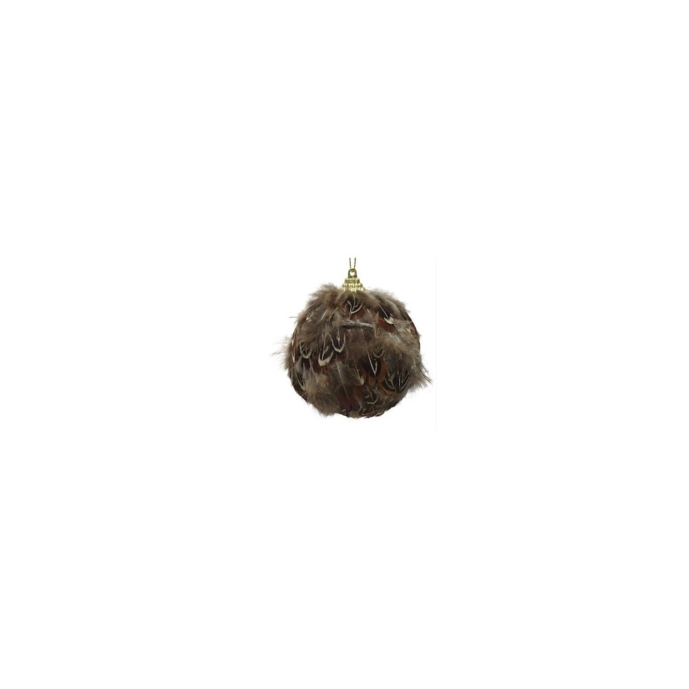 A round, fluffy ornament covered in brown feathers with a gold hanging loop.
