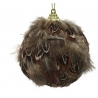 A round, fluffy ornament covered in brown feathers with a gold hanging loop.