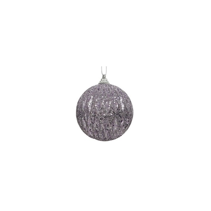 Glanzende paarse kerstbal met glitter, rond en sprankelend in de lichtinval.