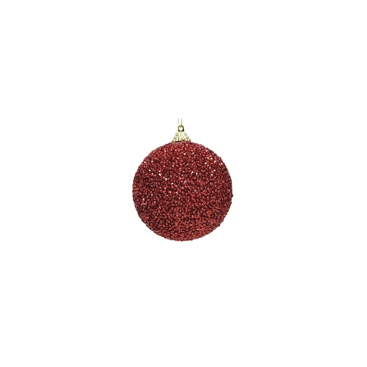 Glanzende, rode kerstbal bedekt met sprankelende glitters en een gouden haakje bovenaan.