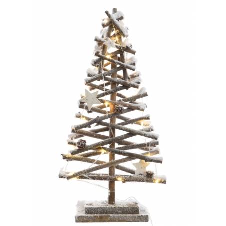 A rustic wooden Christmas tree adorned with white snow, stars, and warm fairy lights.