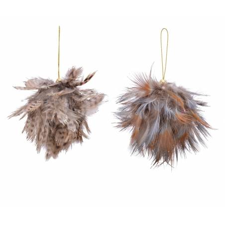 Two fluffy ornaments made of soft feathers in browns and creams, hanging from golden strings.