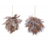 Two fluffy ornaments made of soft feathers in browns and creams, hanging from golden strings.