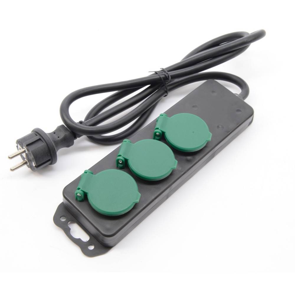 A black power strip with three green outlets and a black cord.