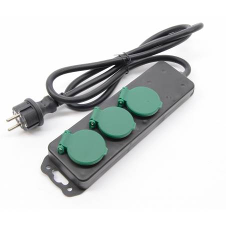 A black power strip with three green outlets and a black cord.