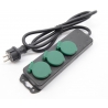 A black power strip with three green outlets and a black cord.