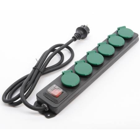 A black power strip with five green outlets and a red power switch.