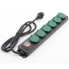 A black power strip with five green outlets and a red power switch.