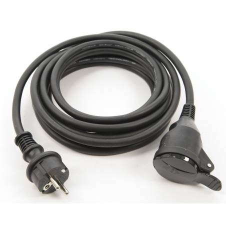 A coiled black power cable with a plug on one end and a circular connector on the other.