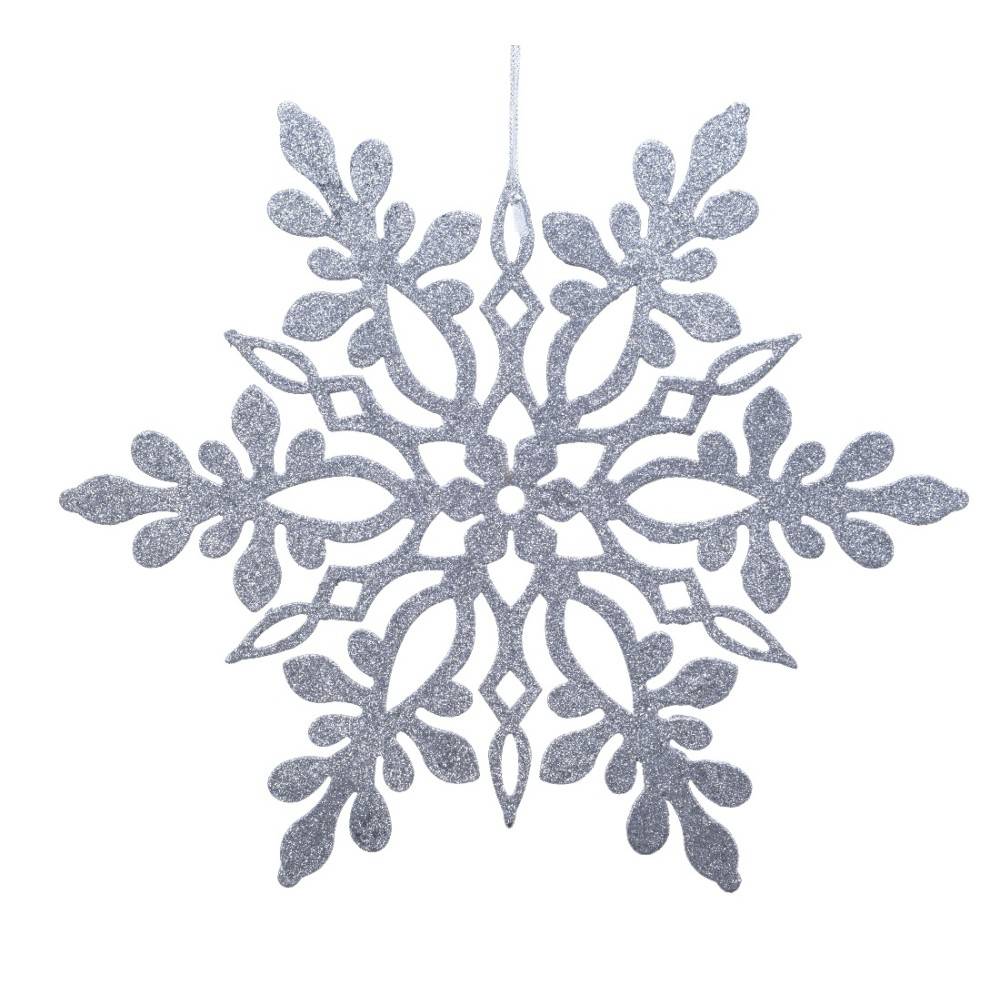 A sparkling silver snowflake with intricate, delicate patterns and a shimmering finish.