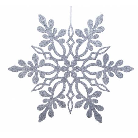 Glanzende, uitgesneden sneeuwvlok in zilver met elegante, symmetrische vormen.
