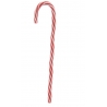 A classic red and white striped candy cane with a curved top.
