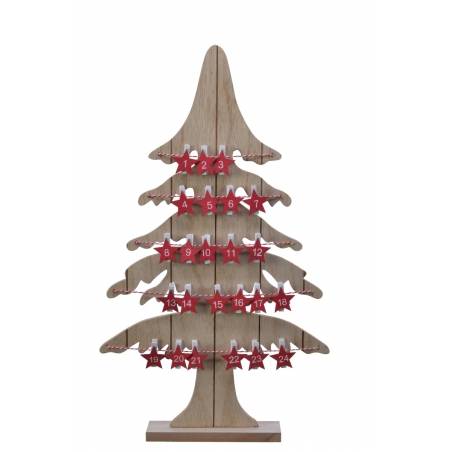 Houten kerstboom met rode sterren en nummers voor elke dag tot Kerstmis.